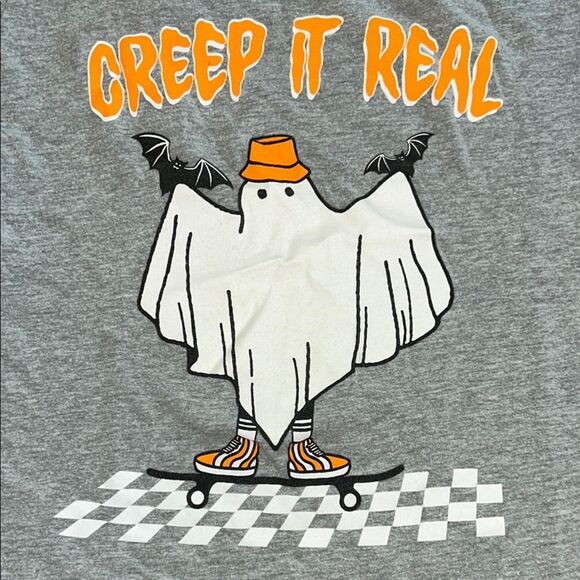 Fun 🤩 ‘Creep It Real' Ghost 👻 & Bats 🦇🦇 Skateboard 🛹 🎃 Kids 💯 Cotton T-Shirt - Picture 10 of 17